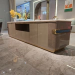 Contemporary TV Stand with Marble Top, Fluted Panels and Brushed Gold Accent Handles
